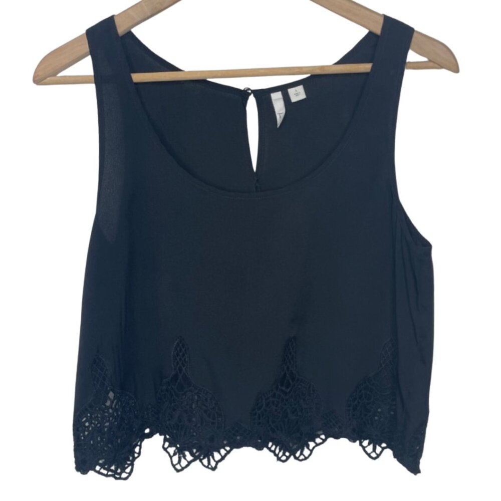 FRENCHI | Women's Black Cropped Lace Trim Keyhole Back Tank | Size L